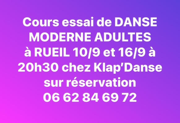 Danse Rueil. Essais de danse moderne tous âges le 10/9 sur réservation au 06 62 84 69 72