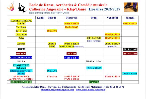 Horaires danse et acrobaties chez Klap'Danse à Rueil