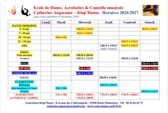 Horaires cours danse Rueil chez Klap'Danse