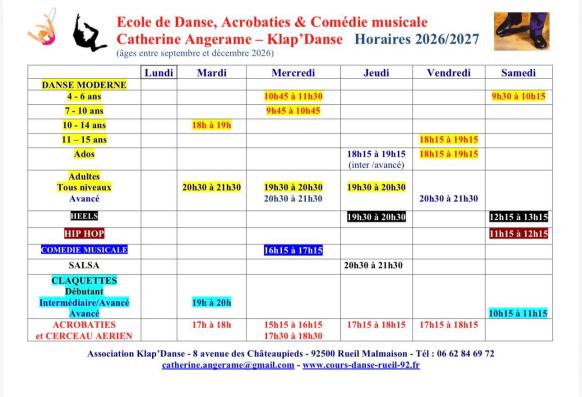 Horaires danse Rueil, cirque Rueil, chez Klap'Danse 2026/2027